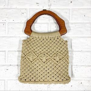 CROCHETED Vintage Boho Handbag | Ivory color with wooden handles | Macrame